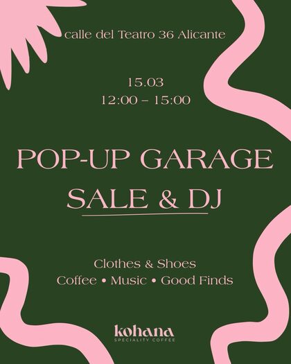 Cartel verde y rosa de un mercadillo pop-up con DJ en Kohana