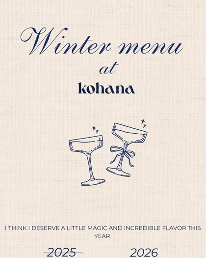 Cartel del menú de invierno de Kohana con dos copas brindando